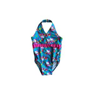Blue & Pink Ruffled Hello Kitty Rainbow Frog Print Kids One-Piece Bathing Suit